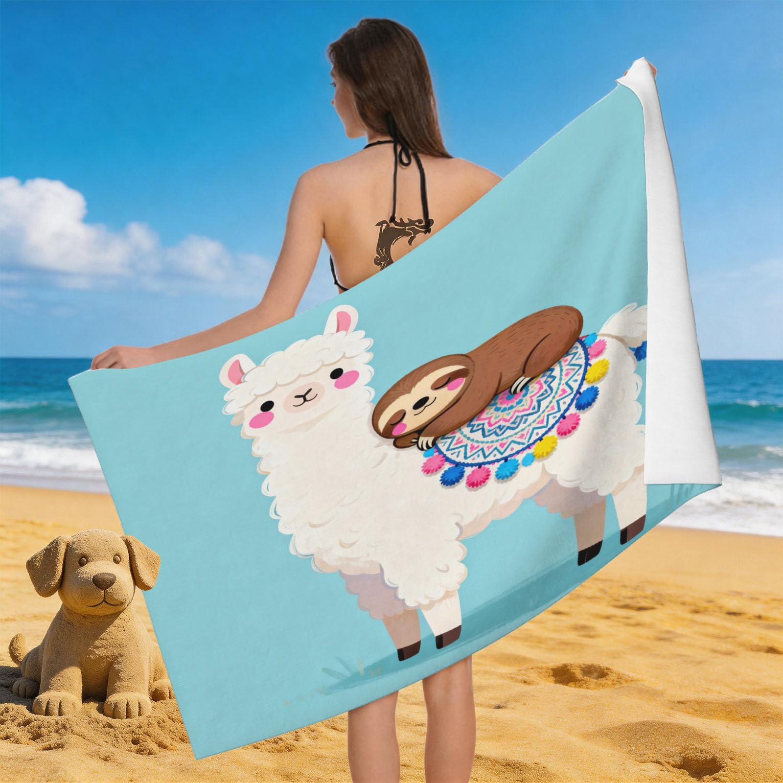 Leichong 3D Alpaca Illustration Beach Towel Large Microfiber Soft Quick Dry for Adults, Lovely Bath Towel Lightweight Soft Absorbent for Travel Swimming Pool Sports, 180 x 90 cm