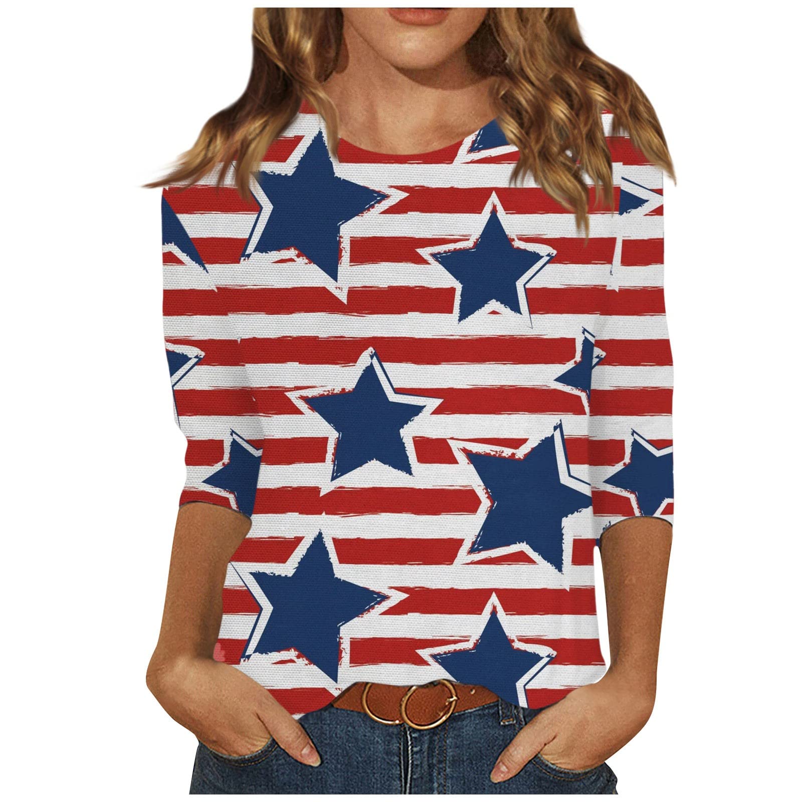 GWNDHTBLSummer Shirts for Women 3/4 Sleeve Plus Size Casual Date Night Boxy Fit Softest Spandex Scoop Neck Tops