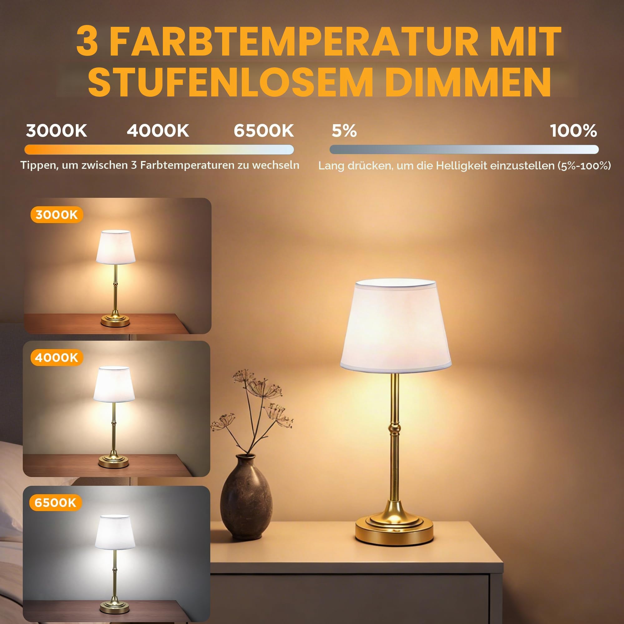LUTEC Kabellose Tischlampe, batteriebetriebene Lampe, 3 Farben, stufenloses Dimmen, kleine Touch-Nachttischlampe, Heimdekoration für Esszimmer, Theke (2, Gold)