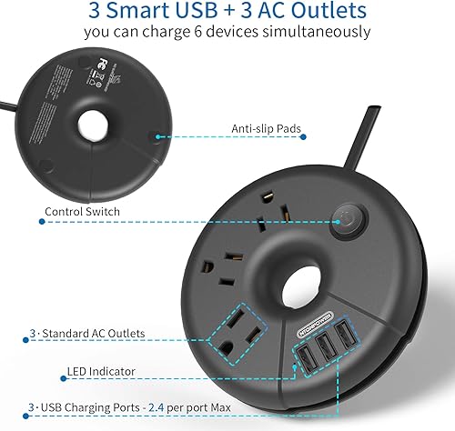 Miniatura 2 de NTONPOWER - Paquete de tira de alimentación de cable de extensión larga, regleta de enchufe plano de 25 pies con 3 tomas, 3 puertos USB, regleta de