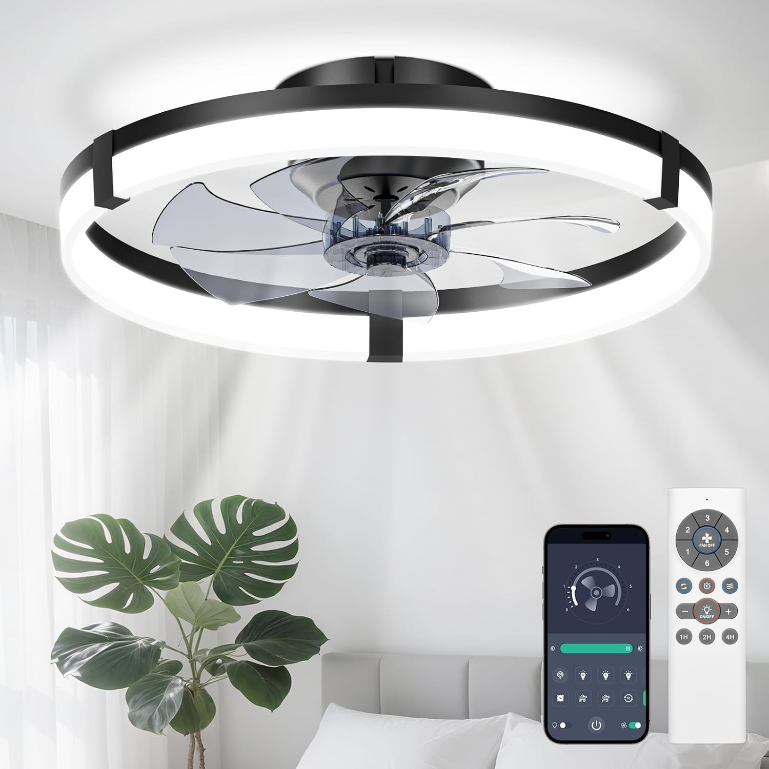 Ceiling Fans with Lights,19.7" Flush Mount Ceiling Fan with Light and Remote,Reversible,3 CCT,6 speeds,Dimmable,Noiseless,Low Profile Black Ceiling Fan for Bedroom, Kitchen,Living Room