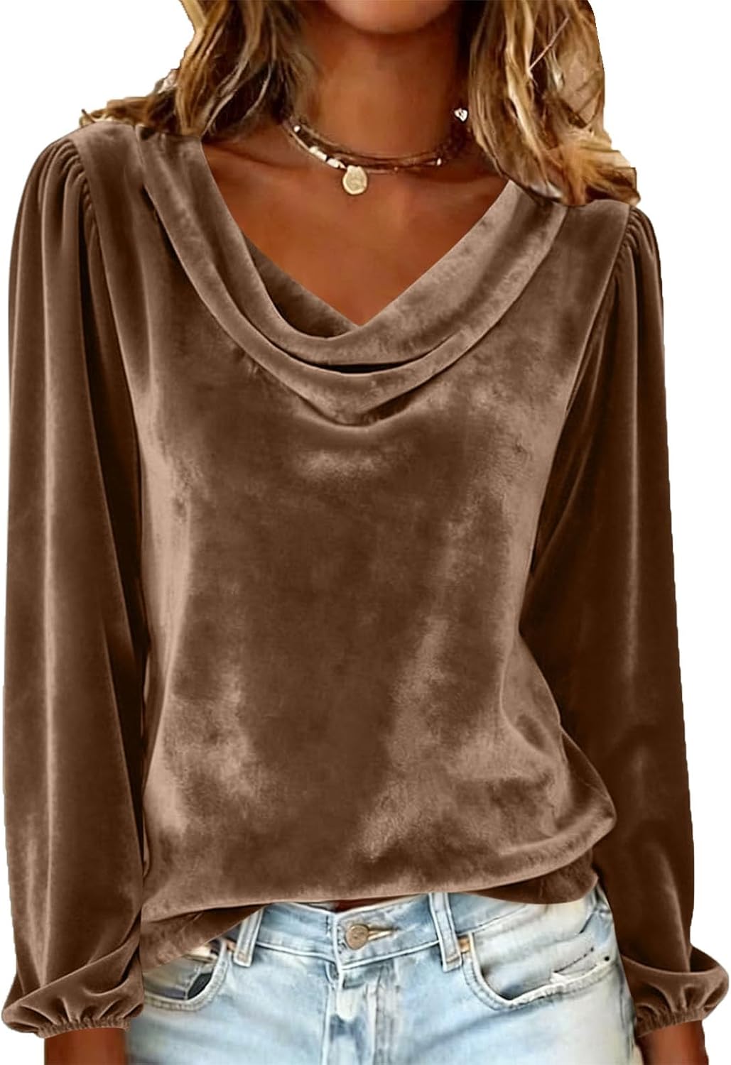 Vintage Velvet Tops for Women Sparkly Elegant Cowl Neck Long Sleeve Shirts Drape Ruched Front Dressy Casual Blouses