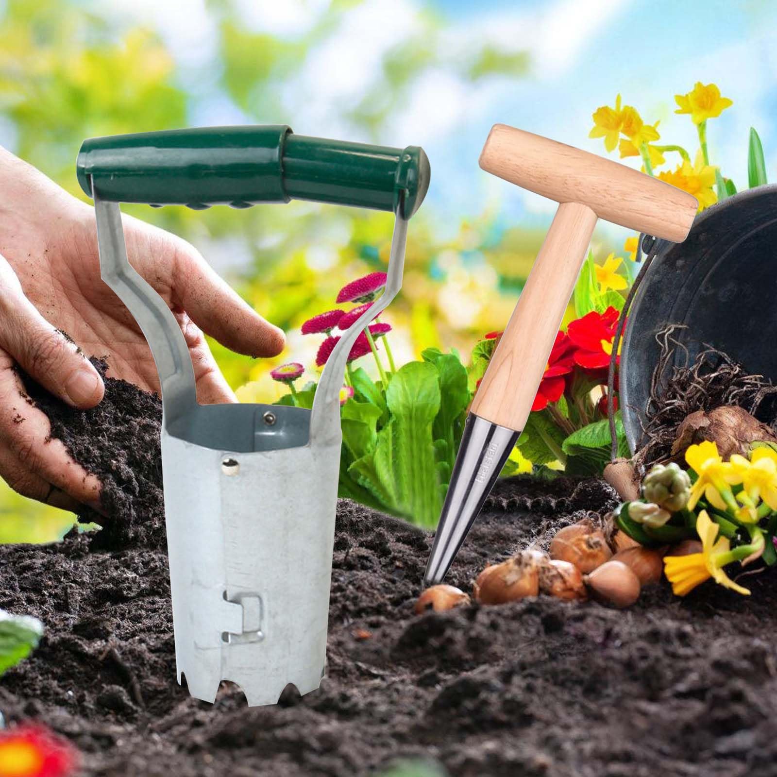 Set di 2 piantine di bulbi, bulbi per piante, peso leggero, piantagione di cipolle in acciaio inox con manico in legno e piantatrice di cipolle per giardini Bulb Plant