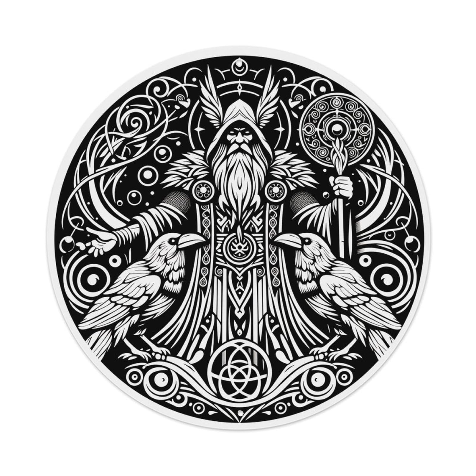 Odin With Ravens And Staff Round Tin Sign Vintage Metal Poster, Home Bar Garage Man Cave Cafe Indoor & Outdoor Wall Decoration 8x8Inches