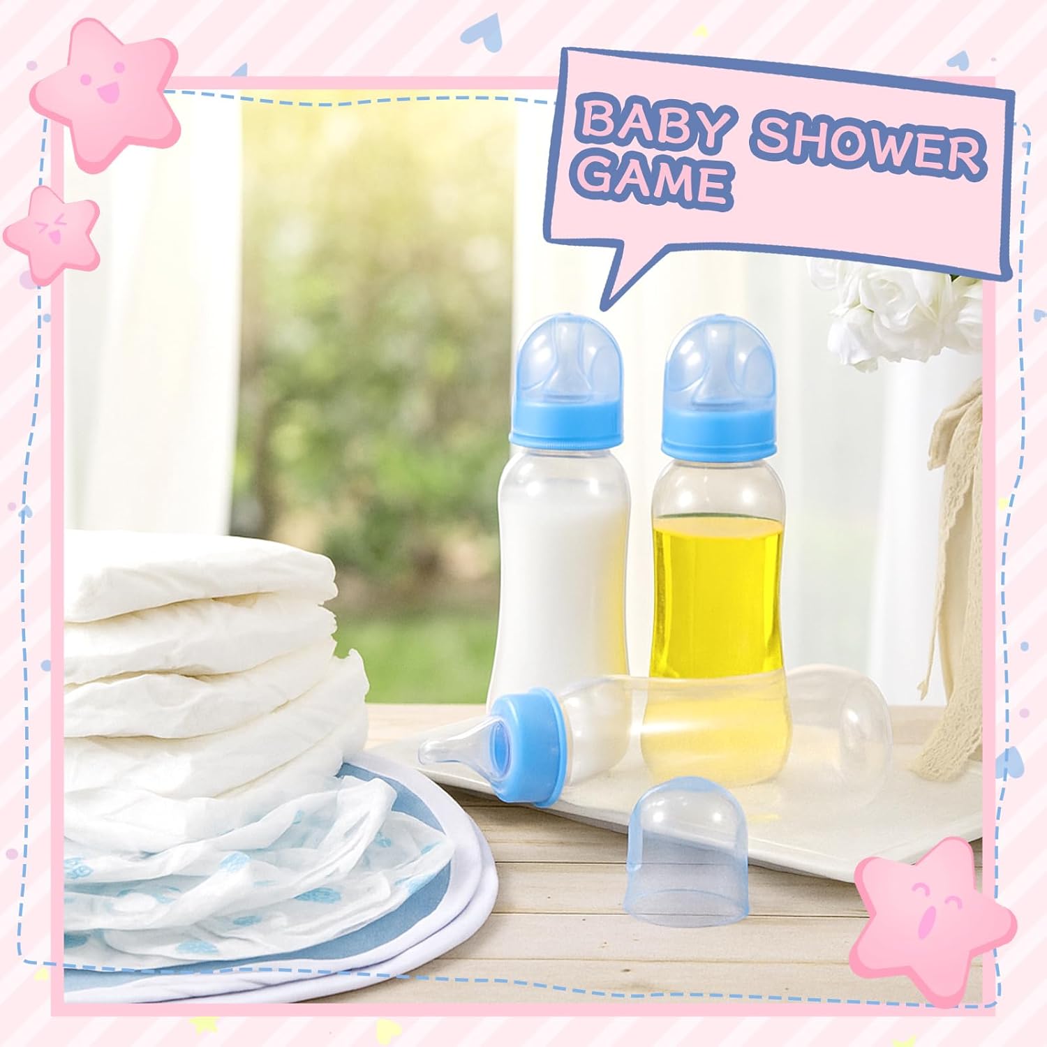8 Sets Bottle Chug Baby Shower Games Plastic Baby Bottles Bulk Diapers Gender Reveal Games Hat and Adult Bib Race Game Decoration for Girl Adults (Modern Style,Blue)