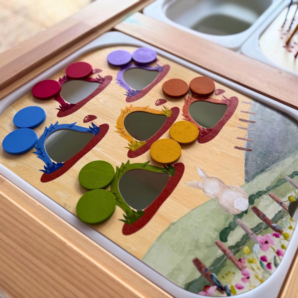 Flisat Sensory Table Inserts, Fits IKEA Flisat Table Trofast Tubs, 12 Wooden Sticks + 12 Coins + 2 Inserts (Large Bunny for Color Sorting and Small Porcupine for Peg Posting)