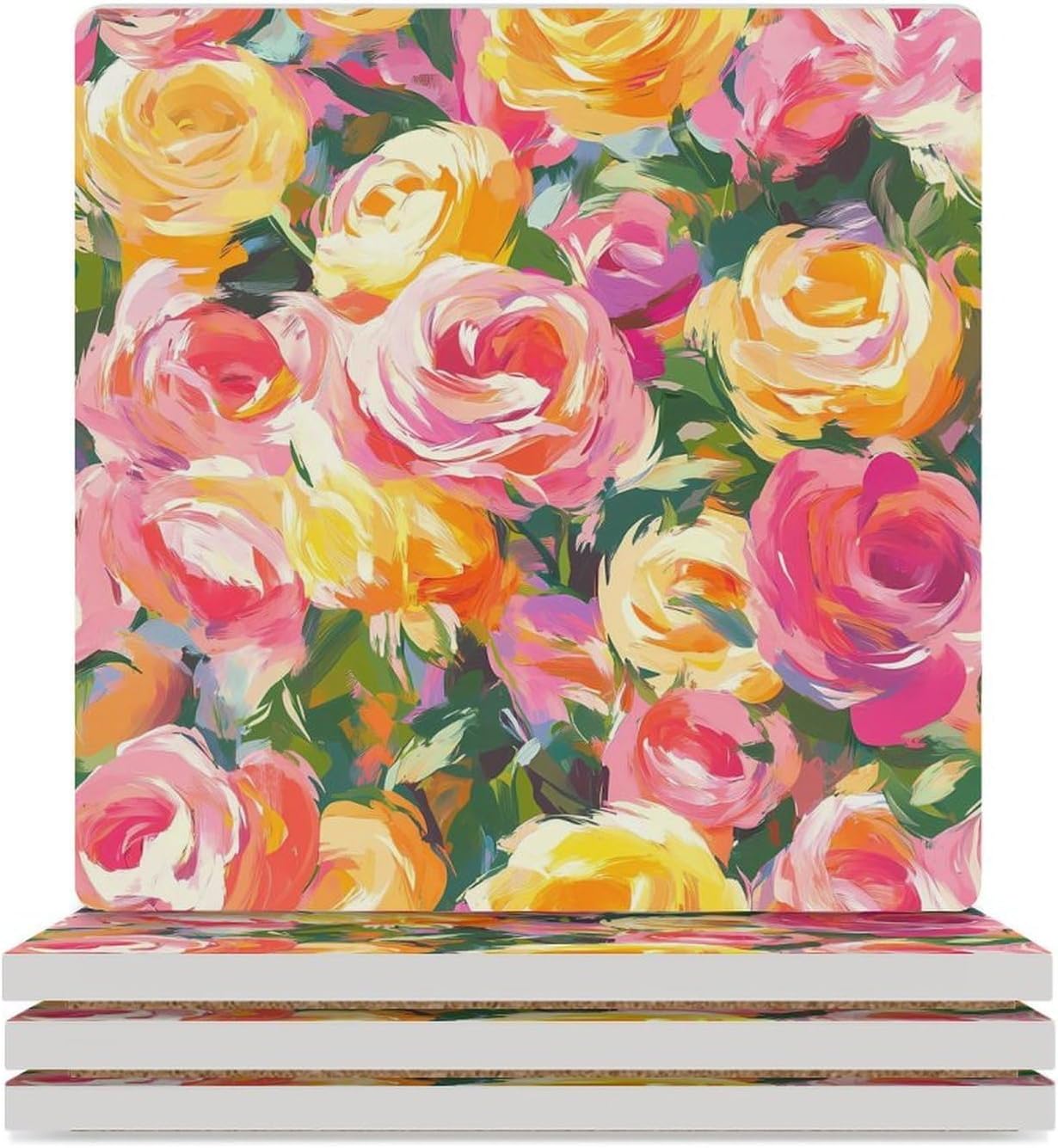 Watercolor Rose Pattern Funny Ceramic Coasters for Drink Absorbent Cup Holders Tabletop Protection