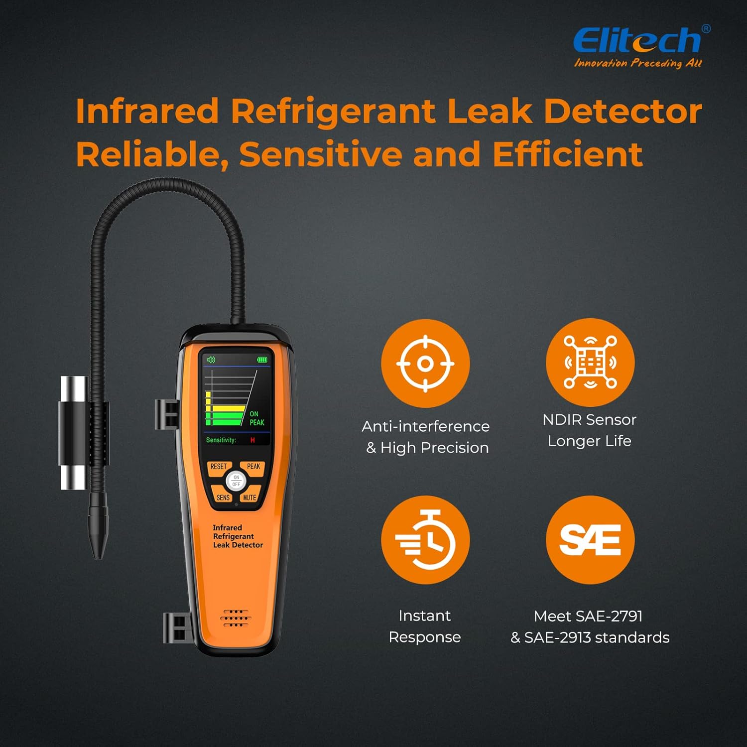Elitech ILD-200 infrared refrigerant leak detector showing features like anti-interference and NDIR sensor