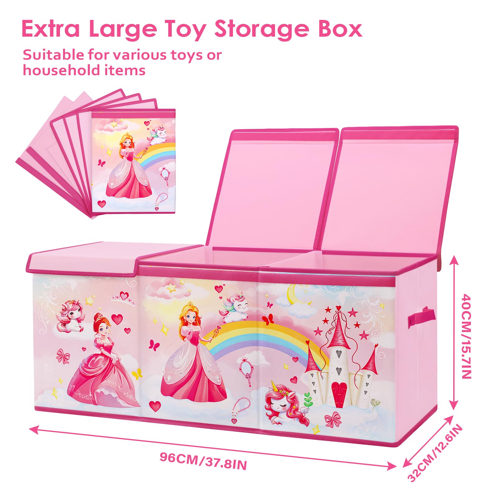 Scatola di Giocattoli Large con Coperchio Ribalta per Bambini, Contenitore Porta Giochi Pieghevole Oxford, Baule Portagiochi Impermeabile Robusto per Ragazze Ragazzi, 96×32×40cm (Principessa Unicorno)