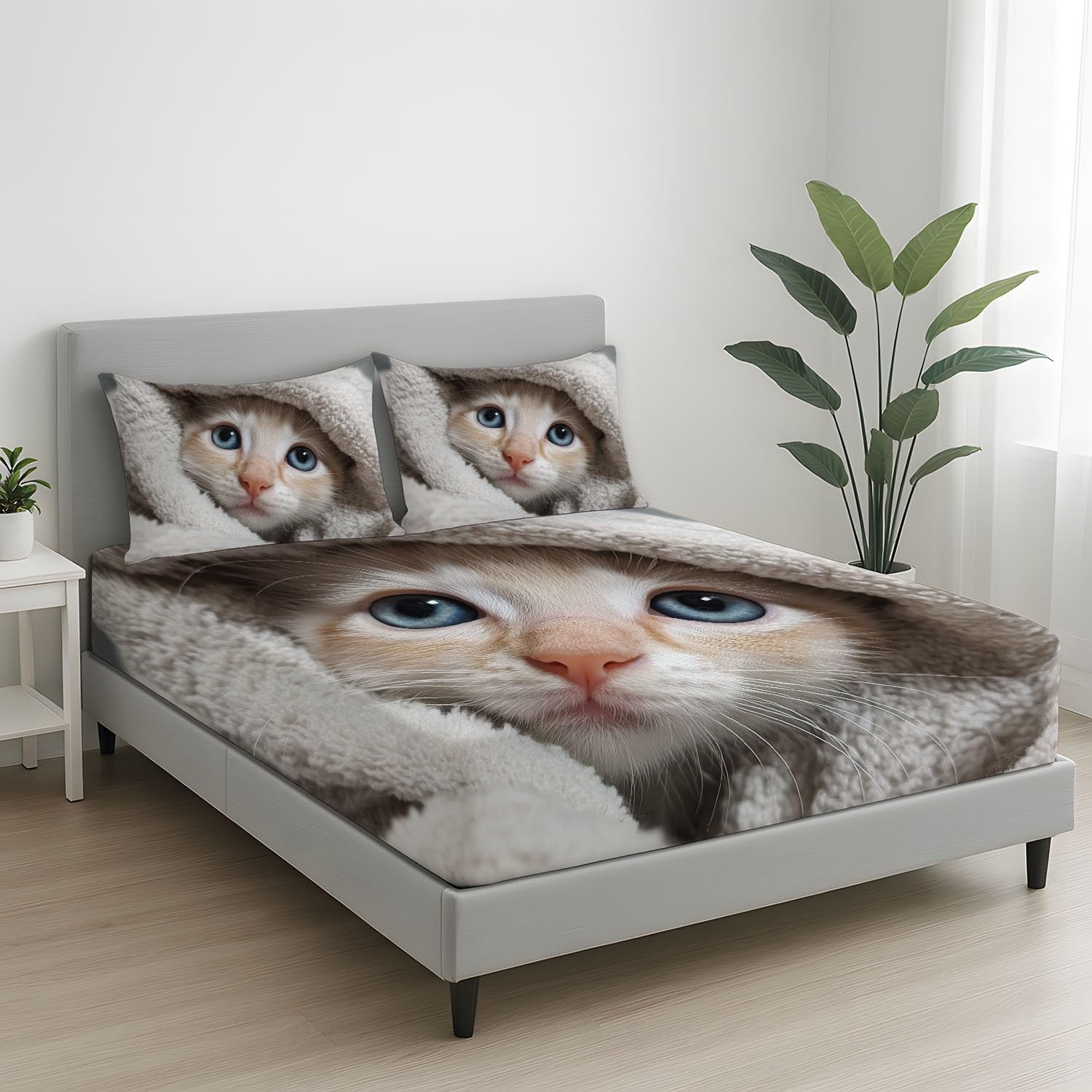 Sábana Ajustable Matrimoniale y Sábana con elástico luego de Sábana Ajustable para Cama Carino Animali Gatto Niñas Colchones de 30 CM de Alto con Fundas de Almohada Giallo