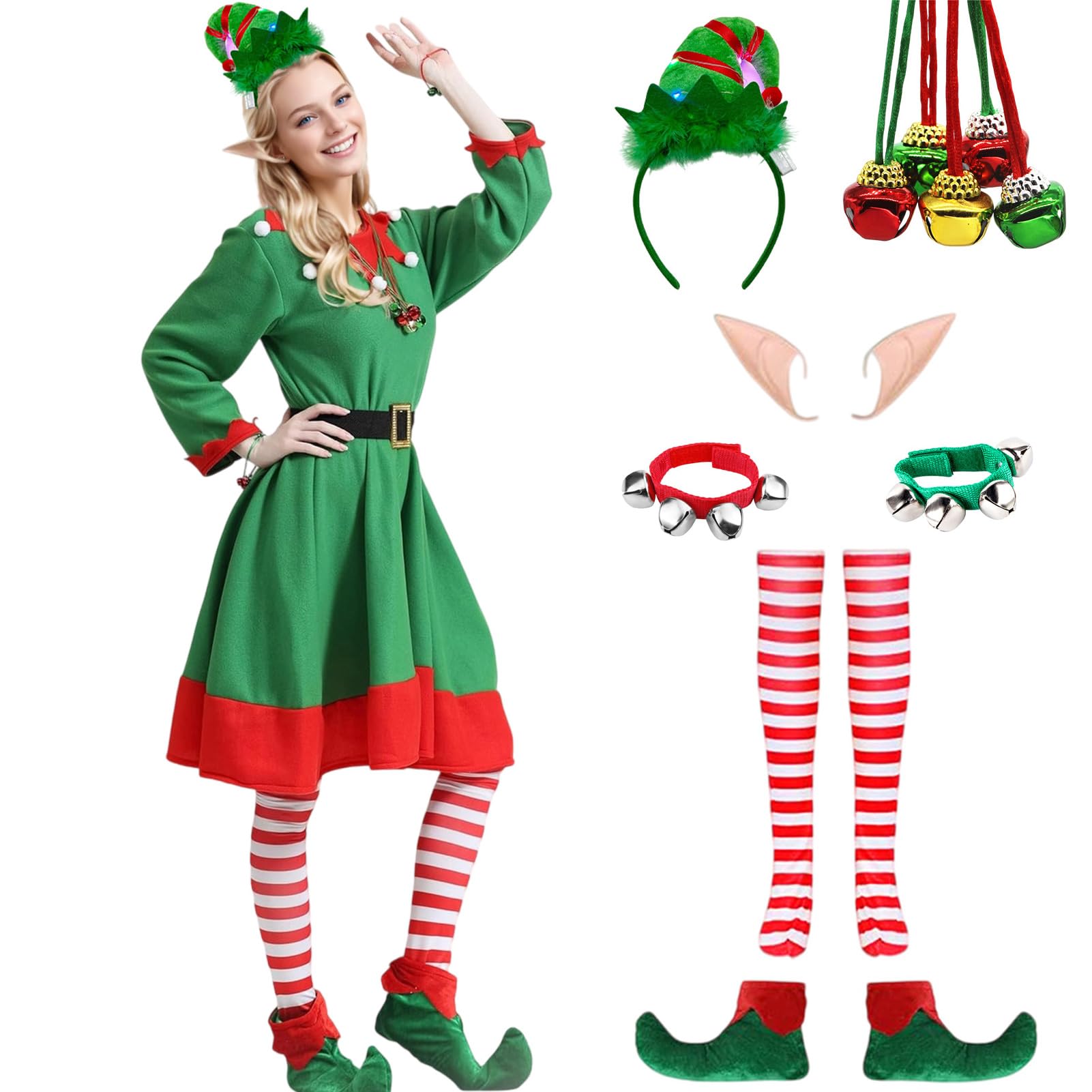 Crittygo Christmas Elf Costume for Womens, 8Pcs Santa Helper Costume Set with Elf Hat Shoes Socks Bell Bracelet Necklace, Elf Cosplay Christmas Costume