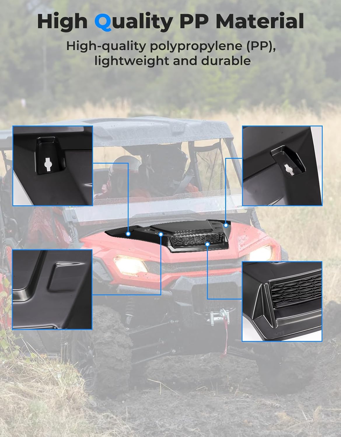 KEMIMOTO Sport Hood Scoop with Mesh Compatible with Pioneer 1000 2016-2025, Impact-resistant Front Hood Cover Air Intake Kit with Mesh Grille