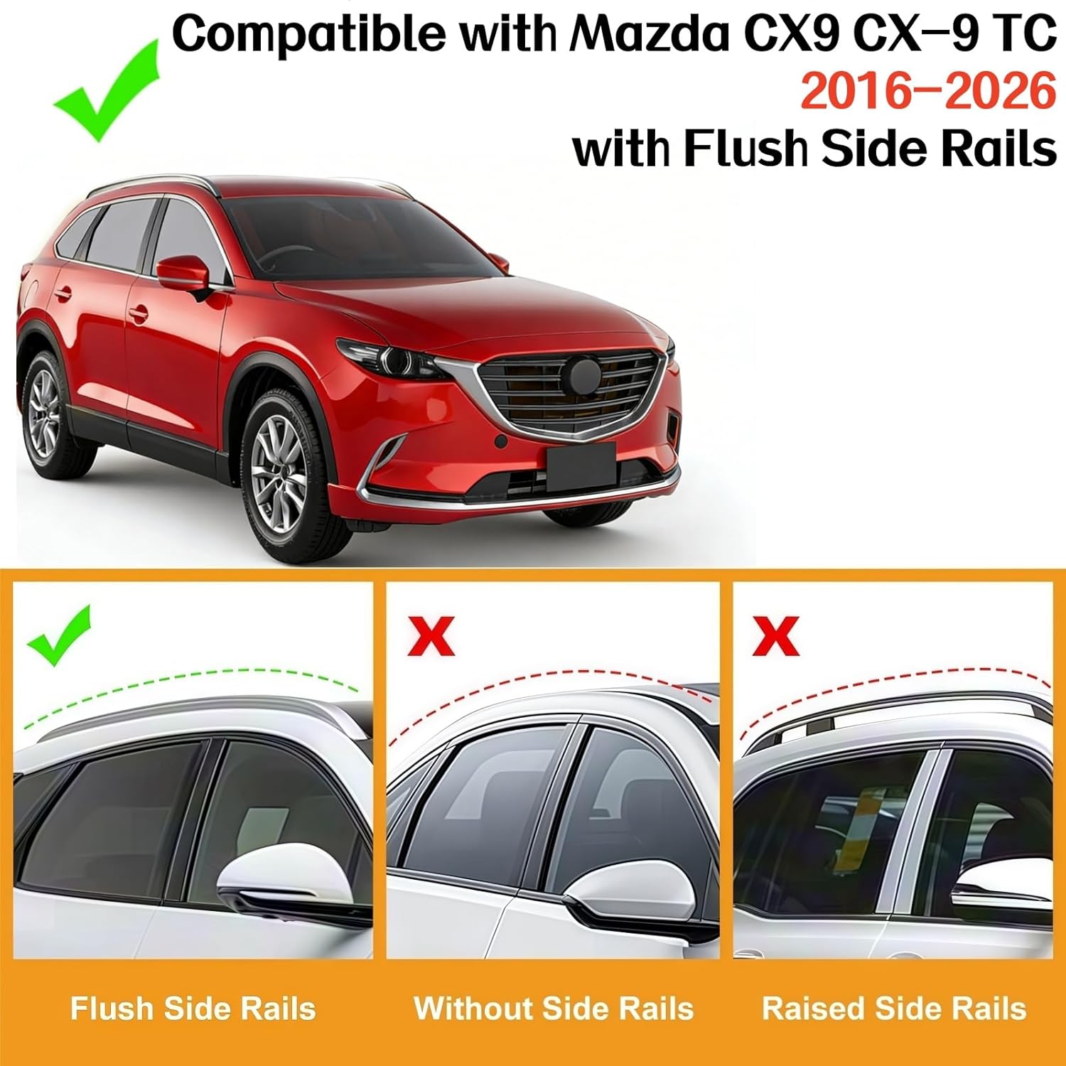 SYDSZ Cross Bar Roof Rack Fit for Mazda CX9 CX-9 TC 2016 2017 2018 2019 2020 2021 2022 2023 2024 2025 2026, Flush Side Rails, Heavy Duty Aluminum Roof Cross Bars Rooftop Luggage Rack