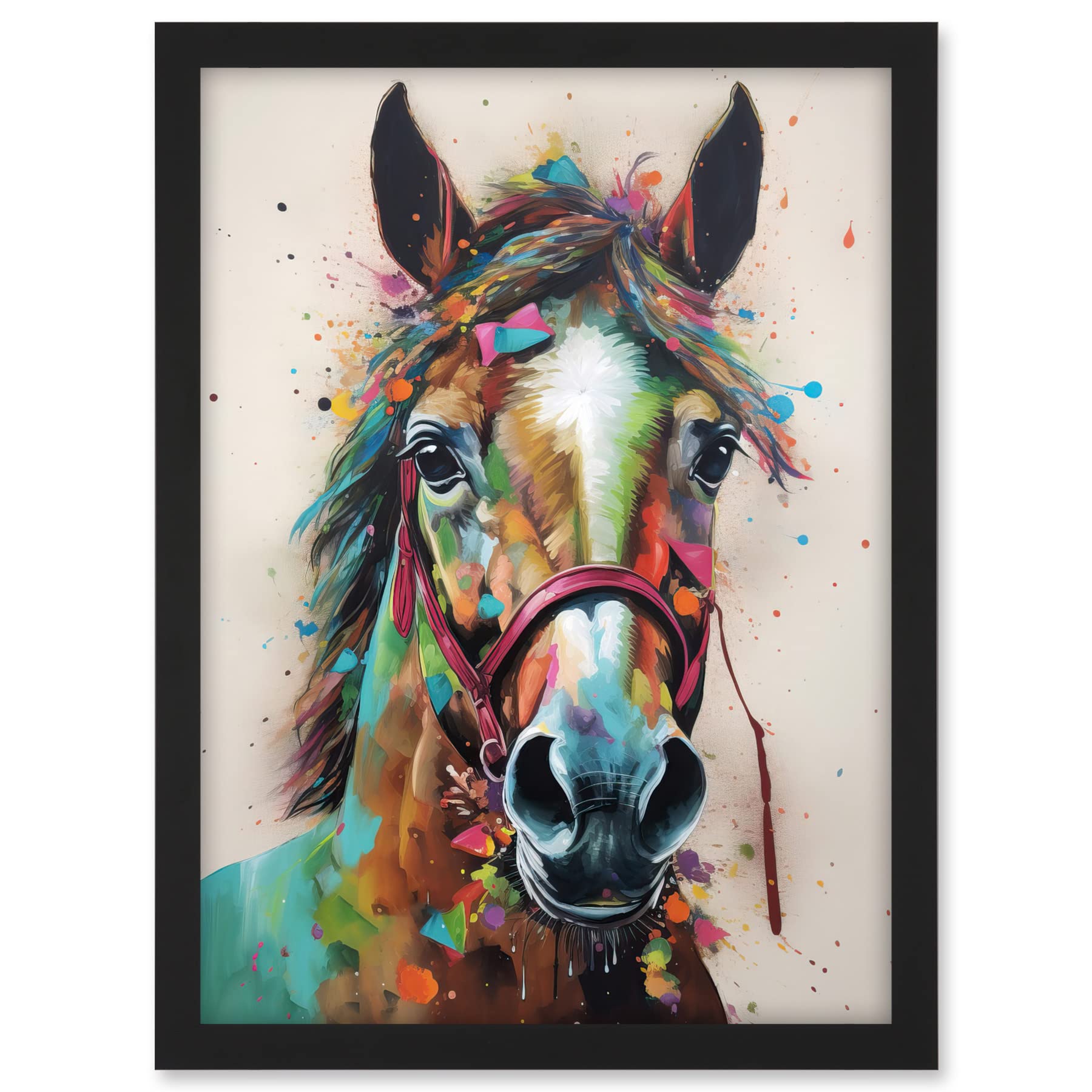 Artery8 Horse Multicoloured Spray Paint and Oil Painting Artwork Framed A3 Wall Art Print