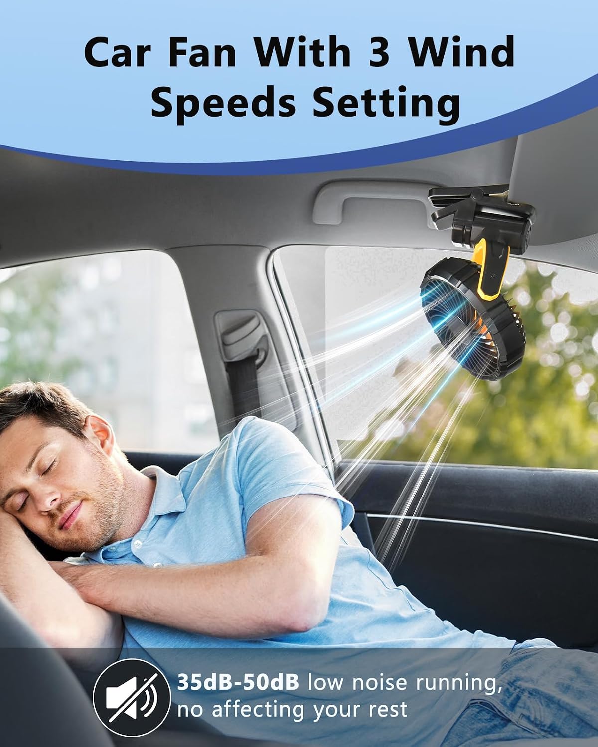 Car Fan Battery Powered Visor Back Seat Roof Handles, Portable Clip On Fan for Car Rechargeable for SUV Van RV Pickup Truck Camping Desk Bed Stroller Baby Crib, Quiet 360 Rotation(Yellow)
