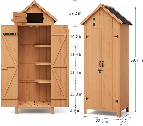 Miniatura 2 de GarveeLife Cobertizo de almacenamiento de madera para exteriores, impermeable, gabinete de almacenamiento vertical para exteriores de 70 pulgadas