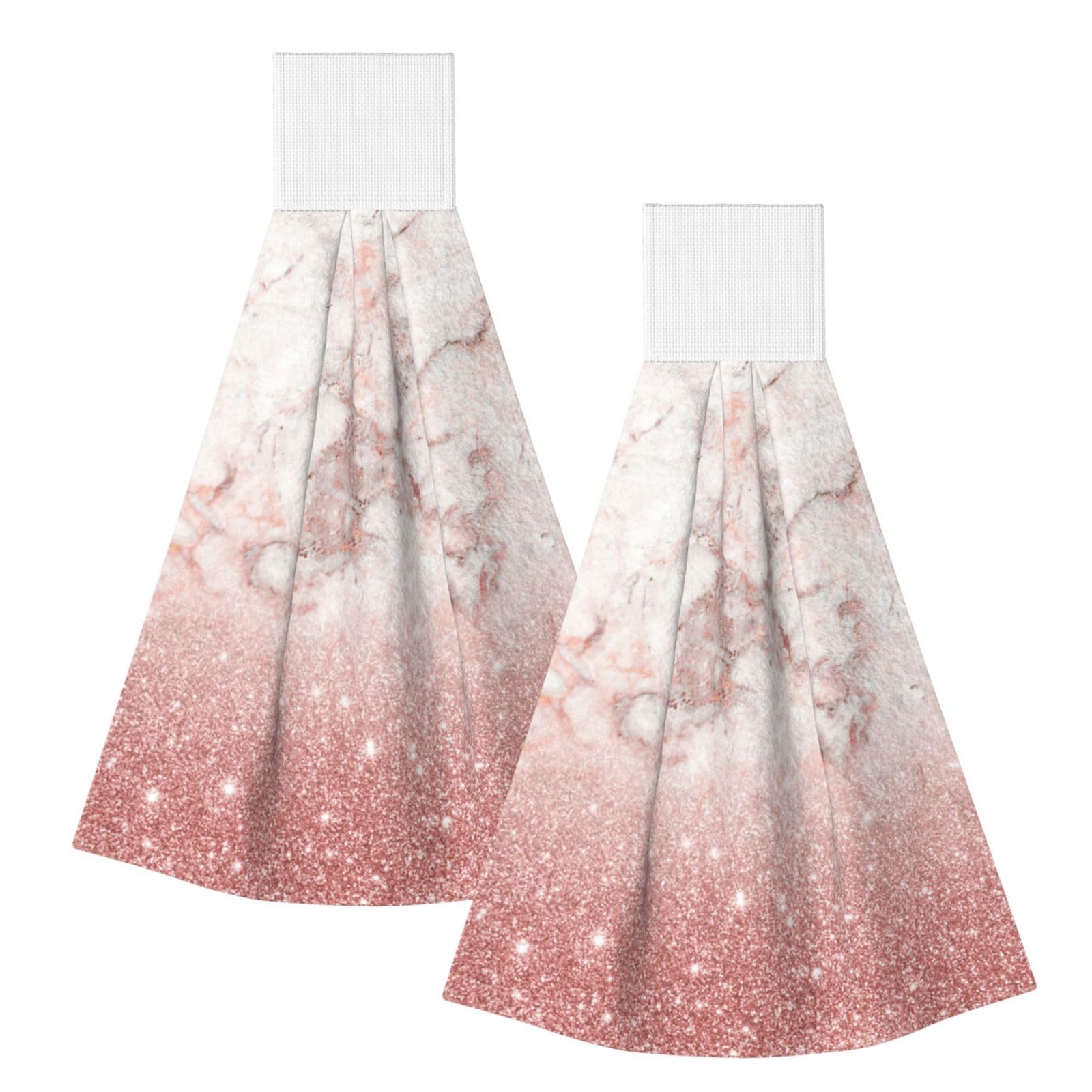 DOPKLNA Faux Pink Rose Gold Glitter White Marble Ombre, 2 Pcs Hanging Coral Fiber Hand Towels for Bathroom, Absorbent Kitchen Towels