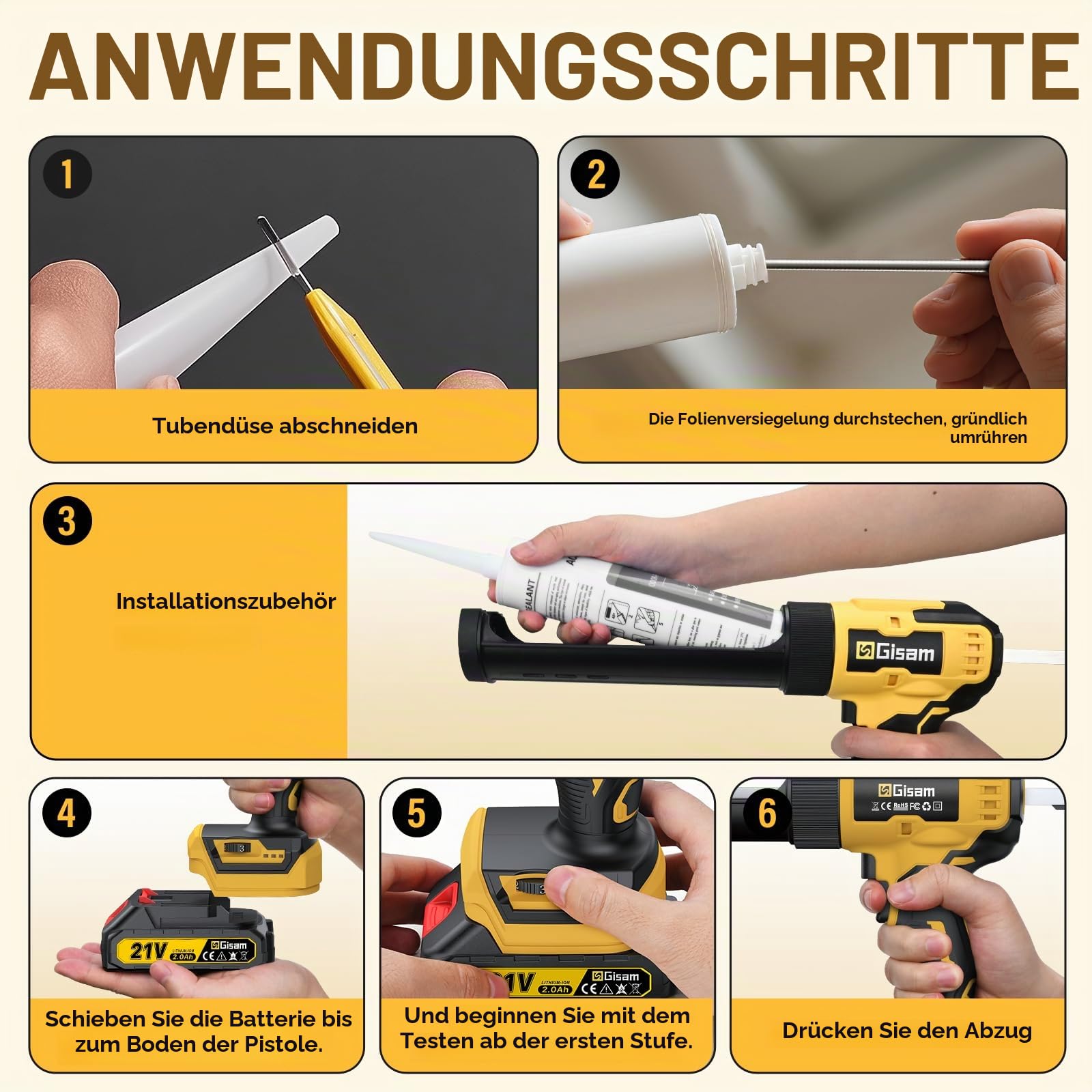 GISAM Akku-Kartuschenpistole Kompatibel mit Makita 18V Akku, 6 Geschwindigkeiten, Max 1100Lb,2Ah & LED-Licht, Akku Silikonpistole Mit 27 Spezialzubehörteile FüR 150-310 ml-Kartuschen