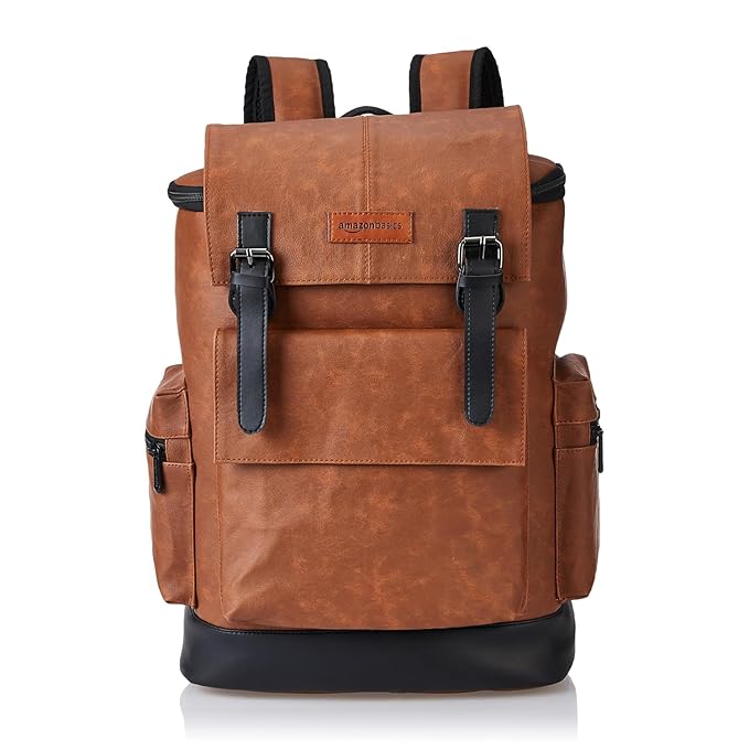 amazon basics Faux Leather Anti Theft Casual Laptop Backpack with 15.6 Inch Laptop Pocket, Brown