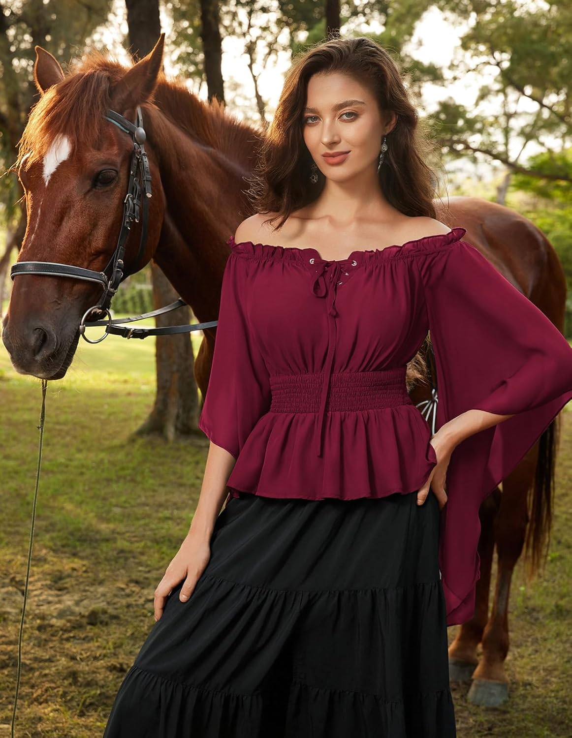 Scarlet Darkness Women Renaissance Shirt Off Shoulder Bell Sleeve Smocked Waist Tops Blouse - Image 2