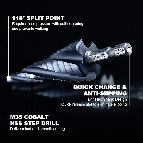 Miniatura 5 de Broca escalonada para metal, 316 a 78 pulgadas, cuatro brocas en espiral, cobalto, 12 pasos, vástago hexagonal de 14 de pulgada para acero
