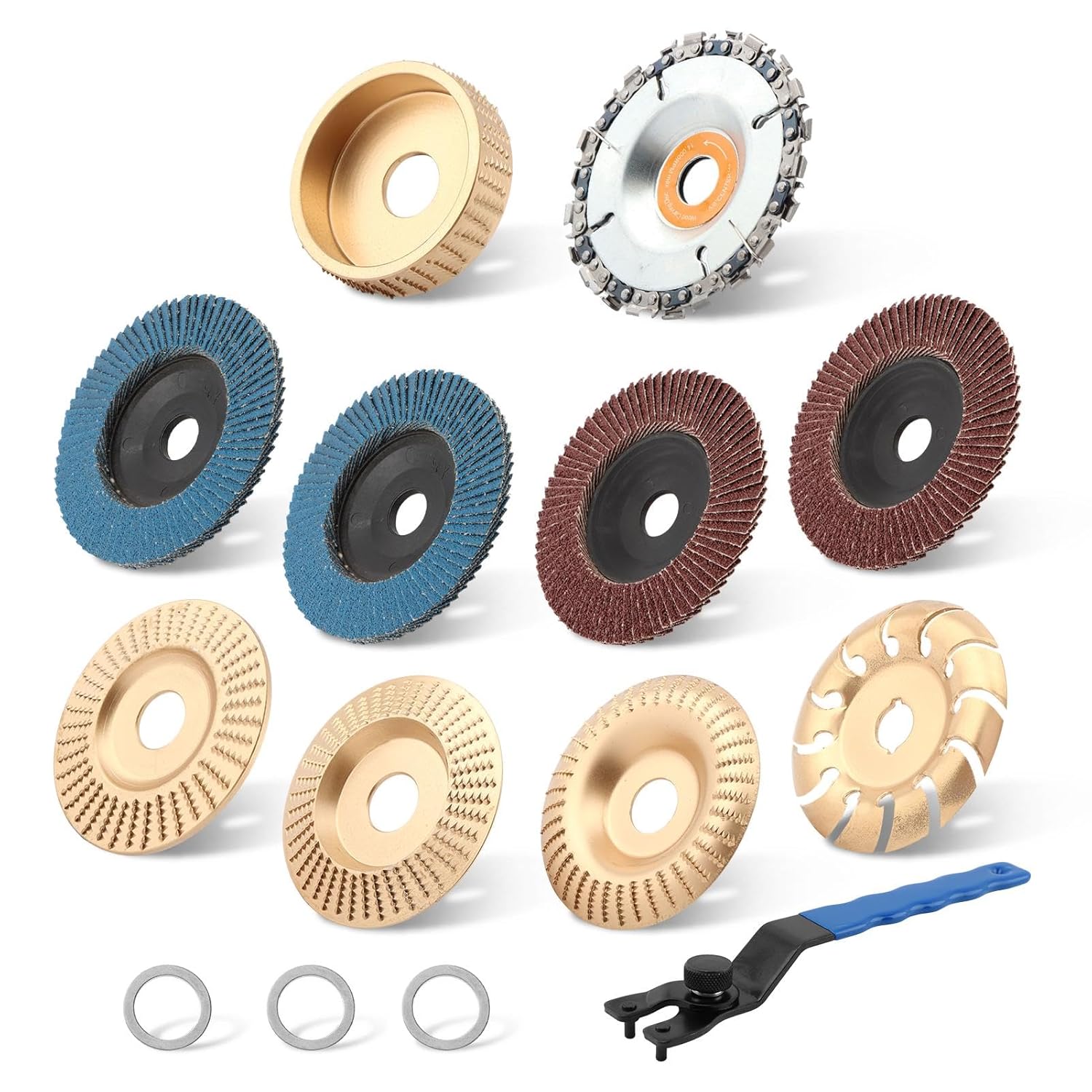 11PCS Wood Carving Disc Set for 4" or 4 1/2" Angle Grinder, Stump Tool Grinding Wheel Disc with 5/8" Adapter Ring, Woodworking Grinder Attachment(Size:11pcs)