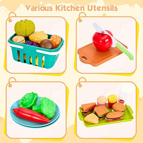 Miniatura 8 de 200 piezas de accesorios de cocina para niños, juego de cocina de simulación con utensilios de cocina, vajilla y 2 juegos de frutas, regalo de