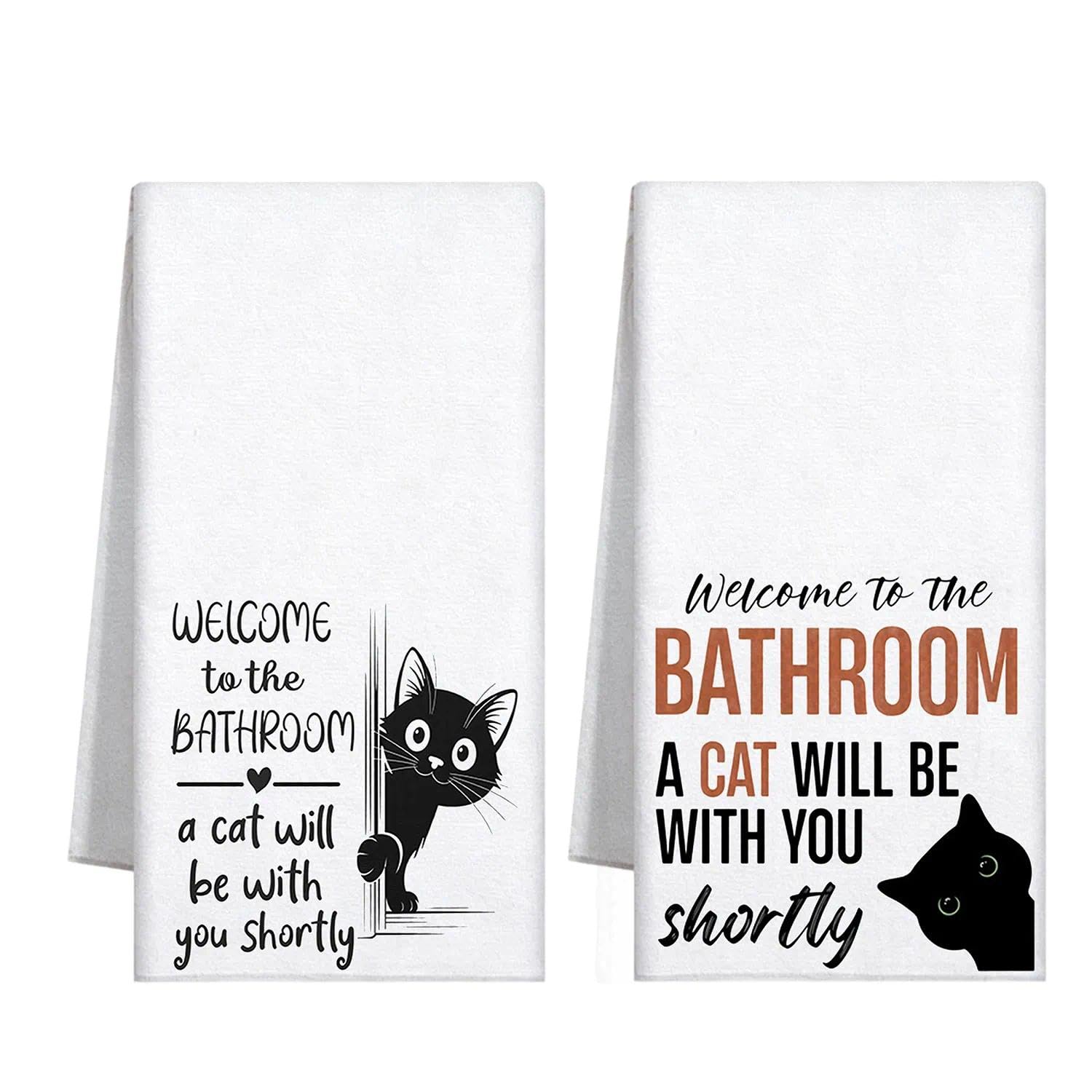ZENITHYX 2Pcs Bathroom Cat Hand Towel, Funny Cat Kitchen Towels for Bathroom Washroom, Decorative Microfiber Tea Towels, Cat Towel Gifts for Women Men