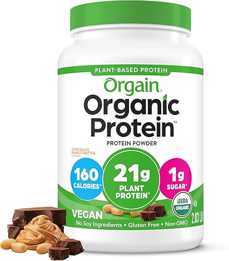 Orgain Organic Vegan Protein Powder, Chocolate Peanut Butter - 21g Plant Protein, 6g Prebiotic Fiber, Low Net Carb, No Lactose Ingredients, No...