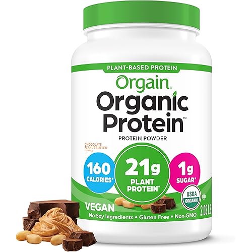 Orgain Organic Vegan Protein Powder, Chocolate Peanut Butter - 21g Plant Protein, 6g Prebiotic Fiber, Low Net Carb, No Lactose Ingredients, No Added Sugar, Non-GMO, For Shakes & Smoothies, 2.03 lb
