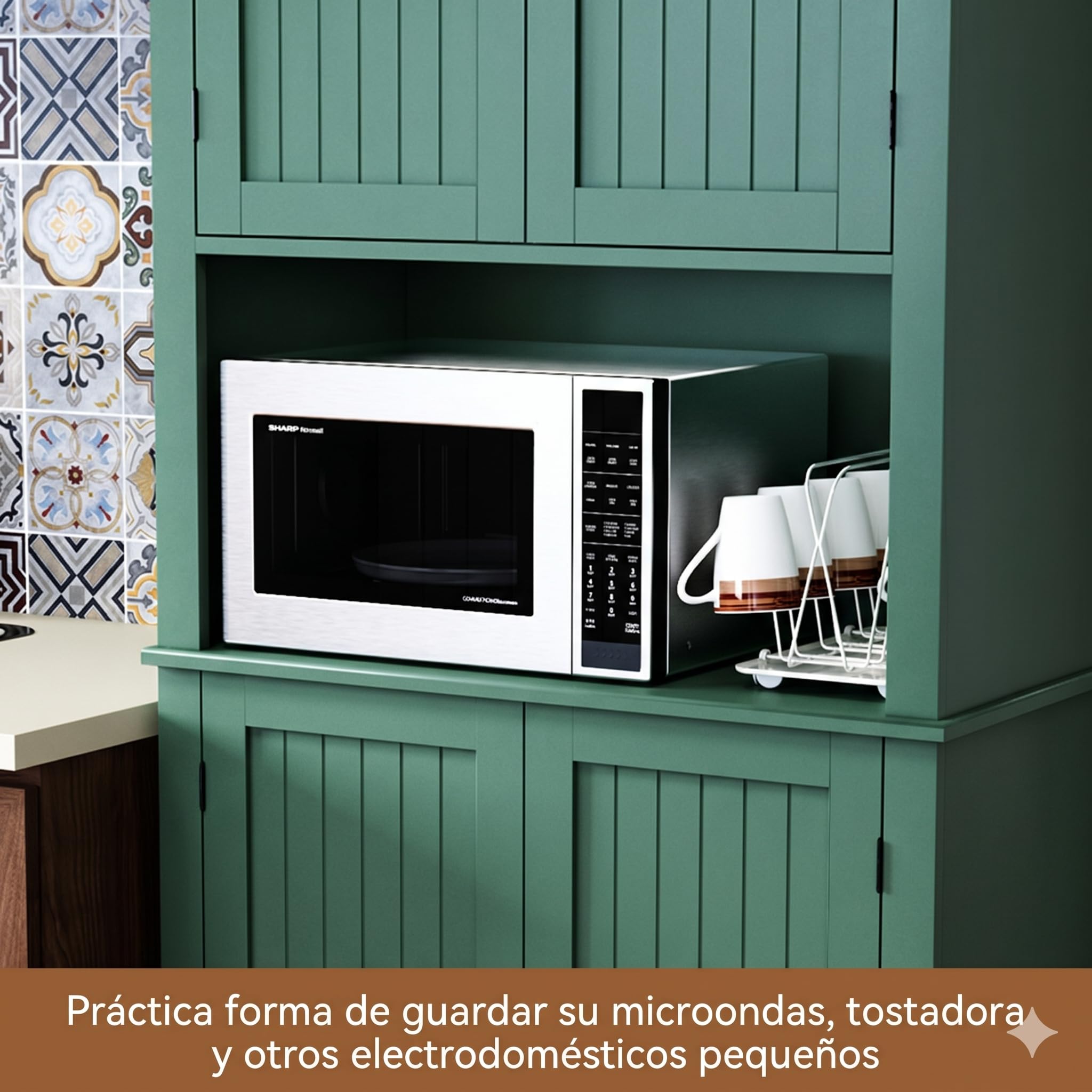 HOLTICO Armario de Cocina con Encimera y 2 Estantes Ajustables,Mueble Despensa,Armario Alto,6 Estantes Interiores,12 Estantes Laterales,para Comedor,Lavadero,Sala de Estar,76x40x182cm,Verde