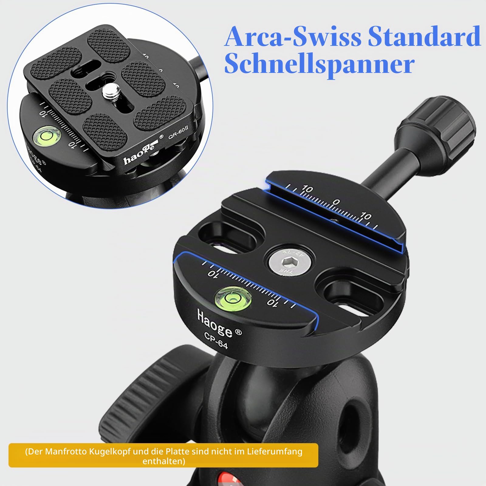 Haoge CP-64 64 mm Schraubknopf, Schnellspannklemme, Adapterhalterung für Schnellspanner, QR-Platte, Kamerastativ, Kugelkopf, Einbeinstativ, Kugelkopf, passend für Arca Swiss