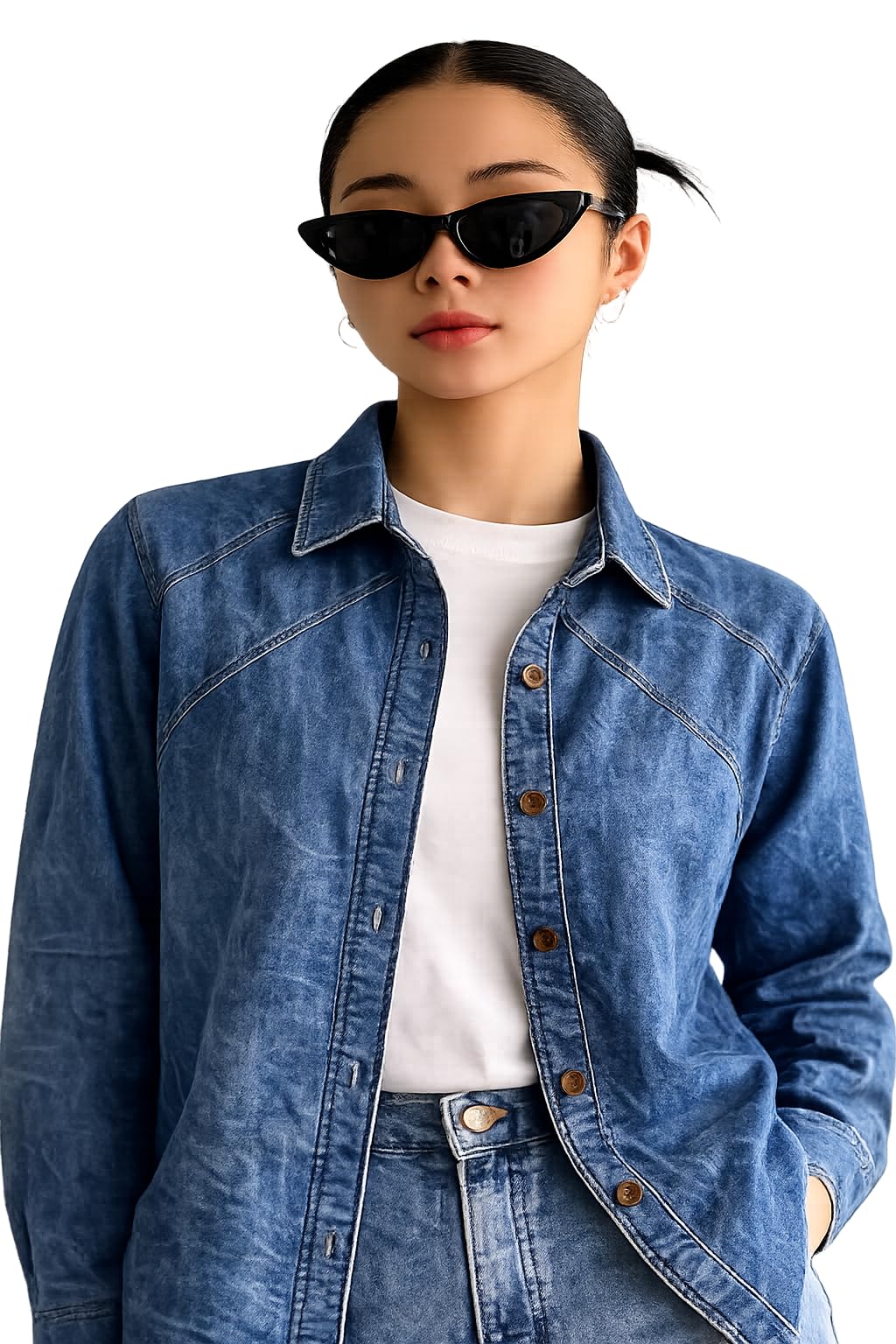 Women's Oversized Denim Shirt Jacket, Blue Washed-picture-18
