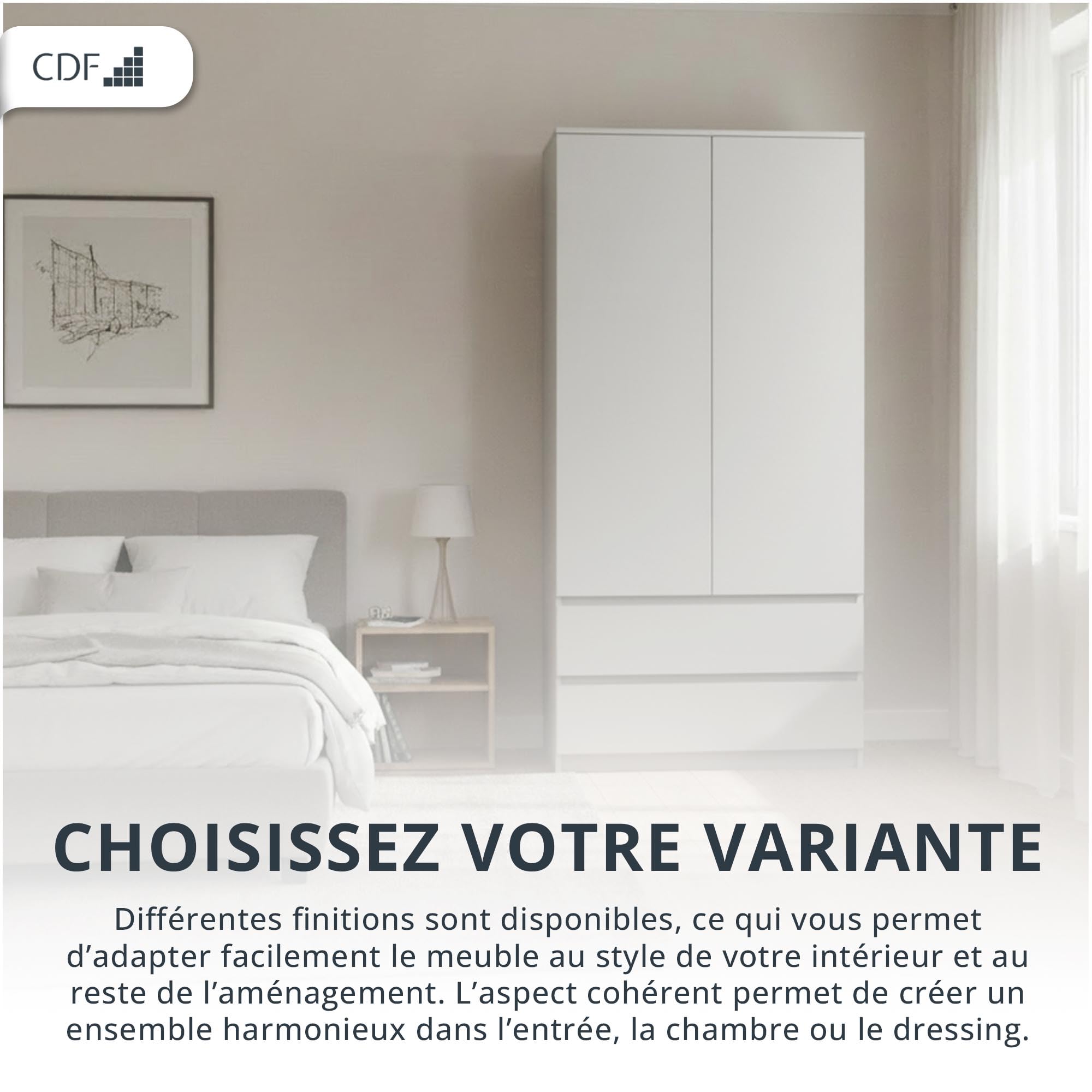 CDF Armoire Chambre 2 Portes 2 Tiroirs avec Etagères, Adult Bedroom Armoire Une Tringle Dressing Placard Multifonction Meuble de Penderie Panneau Stratifié 16mm Largeur 90 cm Blanc
