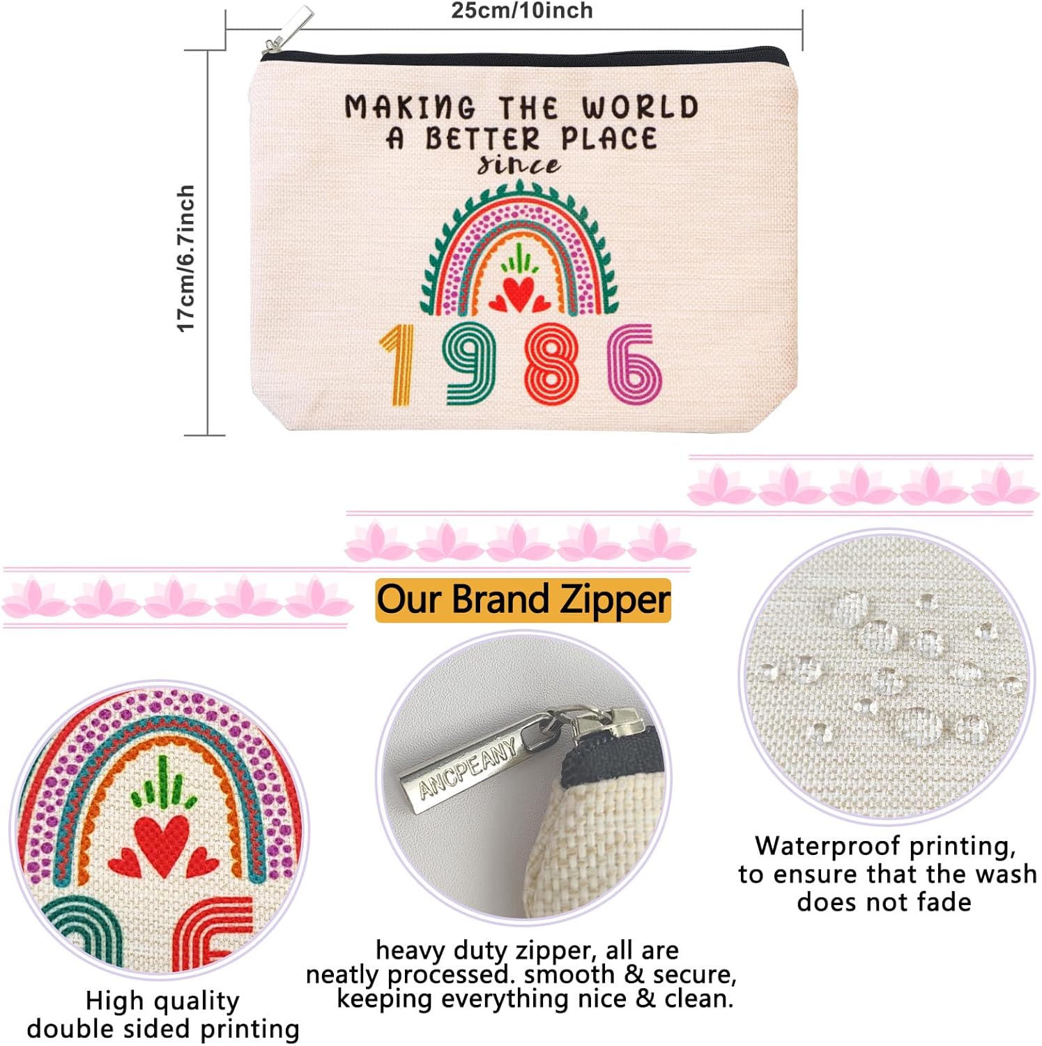 ancpeany 40th Birthday Gifts Women Makeup Bag, 40th Birthday Decorations for Women Her, 1986 Anniversary 40 Year Old Gift Ideas for Mom, Wife, Sister, Friends, Mothers Day Small Cosmetic Travel Bag - Image 2