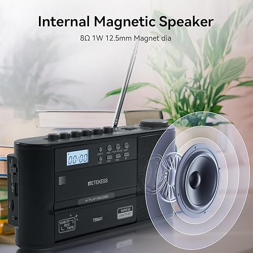 Miniatura 6 de Retekess Grabador de cassette TR641, convertidor de casete a digital, radio AMFM, Boombox con conector para auriculares, USBTF, conexión