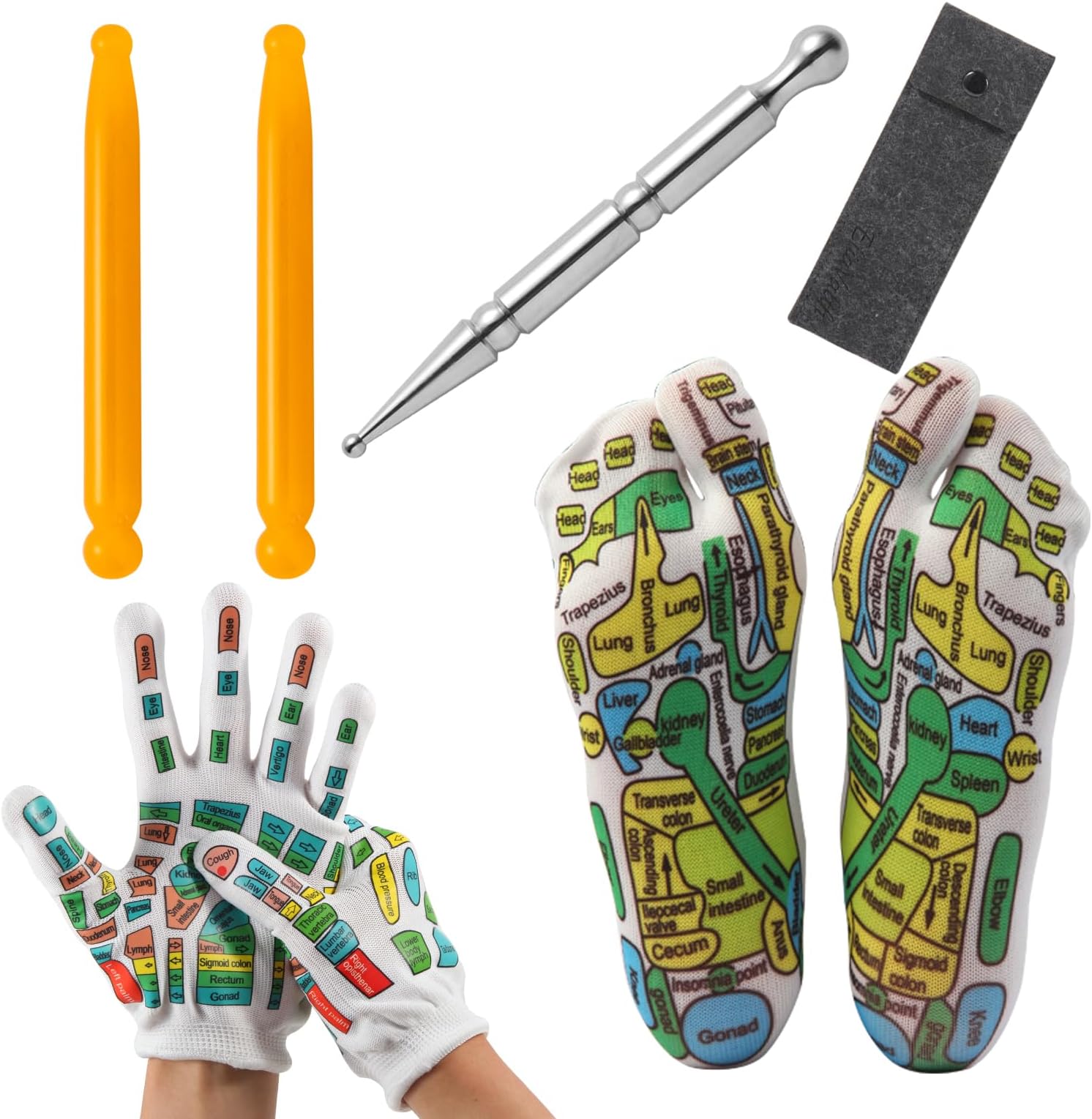 Stainless Steel Acupressure Massage Stick with Reflexology Map Socks and and Gloves Tool Set – Manual Trigger Point Therapy for Foot Pain Relief, Deep Tissue Meridian Massage, Men Size, Green