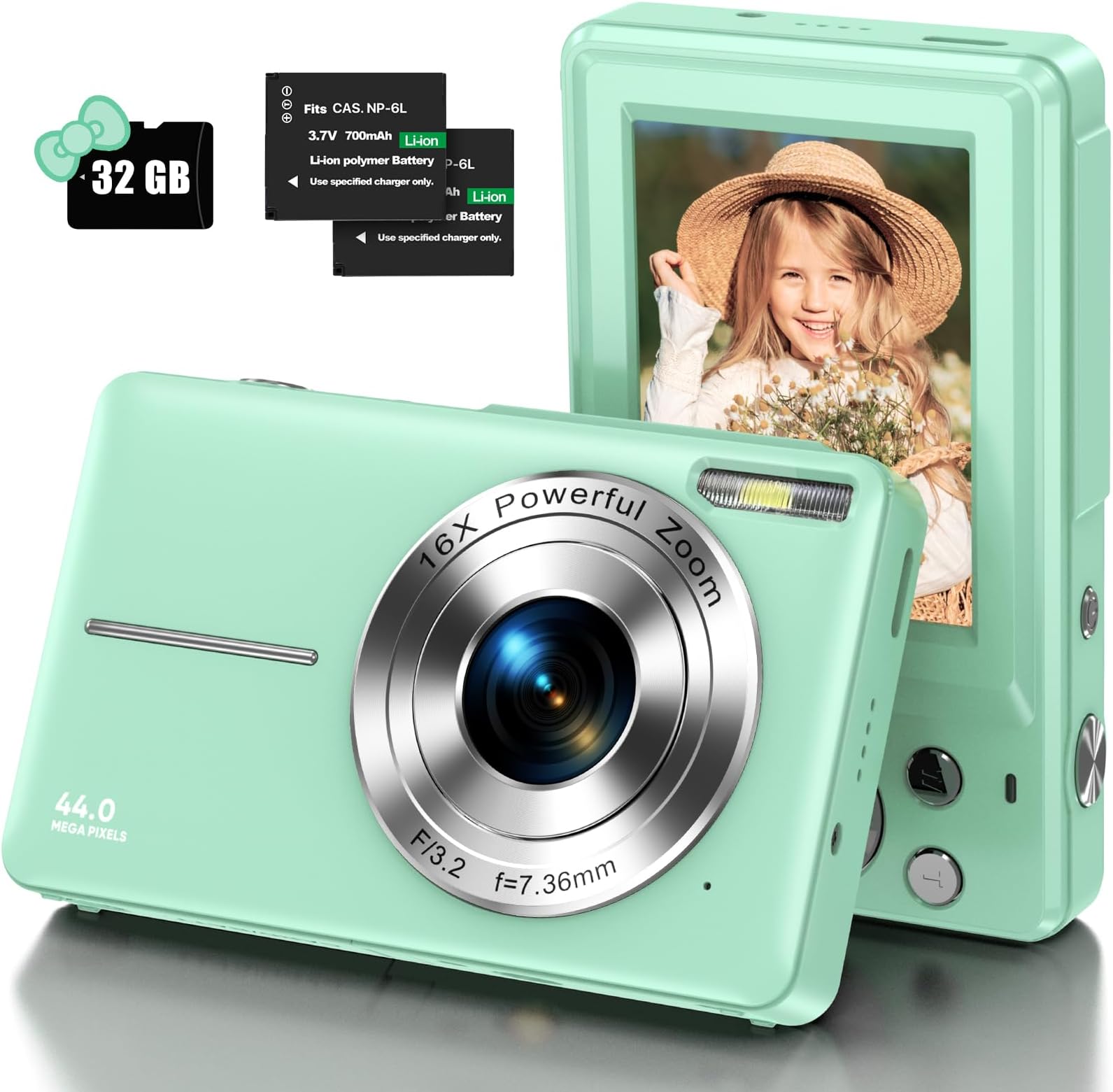 Green Kids Digital Camera - 32GB Card, FHD 1080P, 44MP, Vlogging, LCD Screen, 16X Zoom, Compact, Portable, Rechargeable - Gifts for Students, Teens, Adults, Girls, Boys