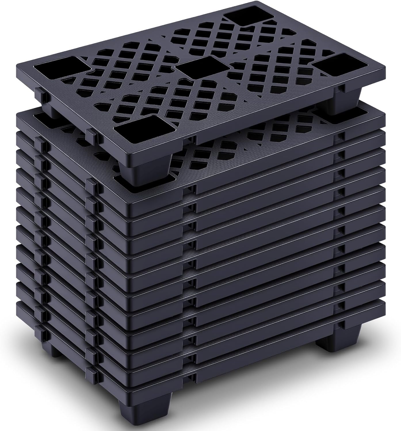 12 Pcs Plastic Pallet Lightweight Nestable Polyethylene Pallets 23.6" x 15.8" x 3.9" Interlocking Storage Pad with Breathable Grids for Basement Restaurant Kitchen Supermarket (Black)