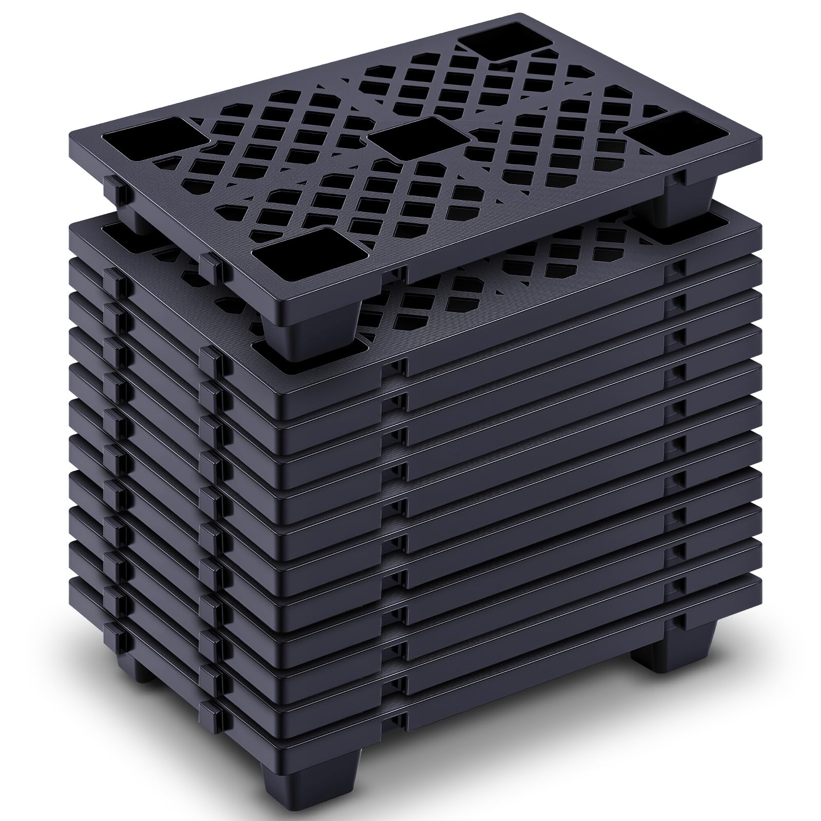 Photo 1 of Briwooody 12 Pcs Plastic Pallet Lightweight Nestable Polyethylene Pallets 23.6" x 15.8" x 3.9" Interlocking Storage Pad with Breathable Grids for Basement Restaurant Kitchen Supermarket (Black)