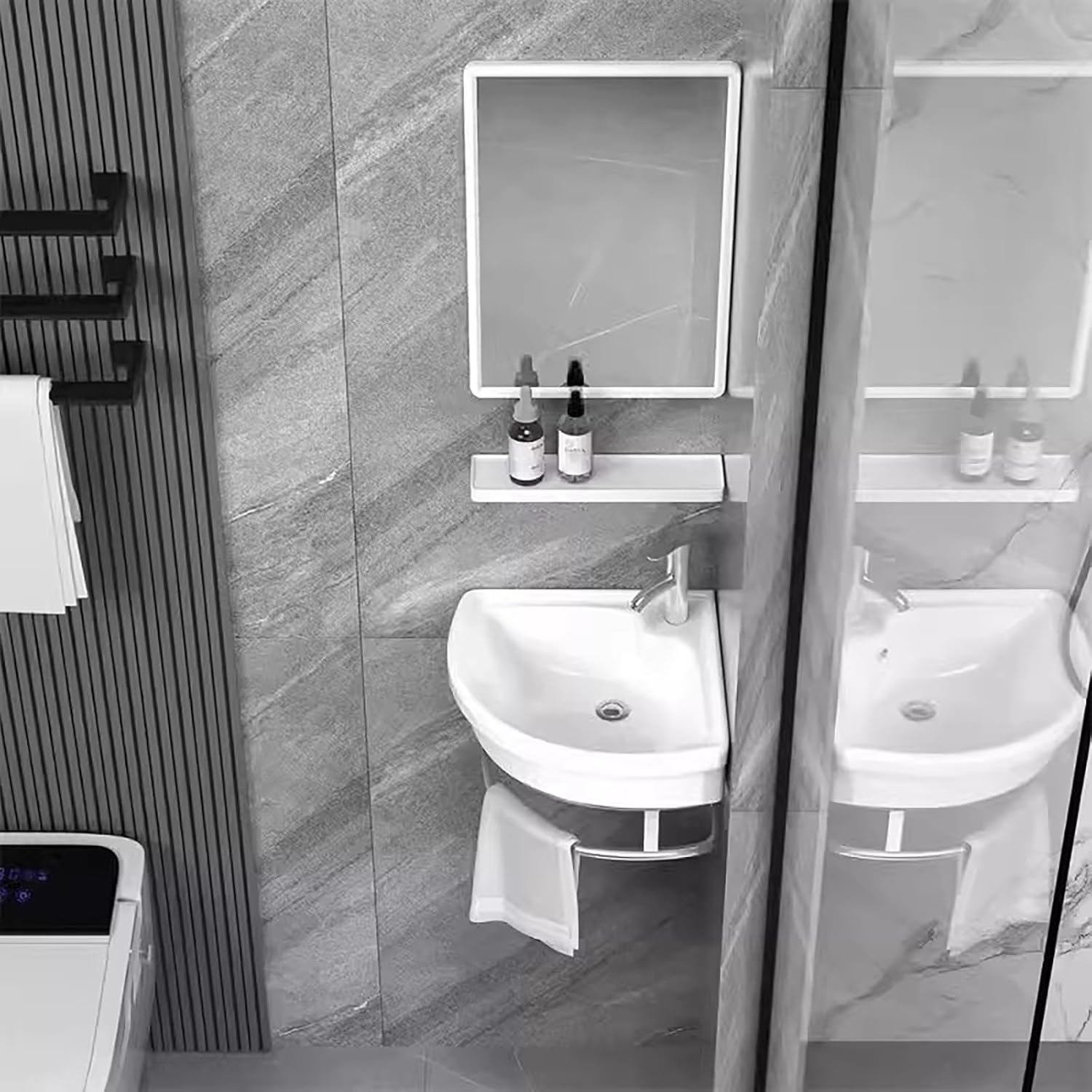 フローティングバスルームシンク 磁器製 壁掛けコーナー 三角形ハンド洗面台 排水ユニットと蛇口付き 屋外 屋内 ガレージ ランドリー