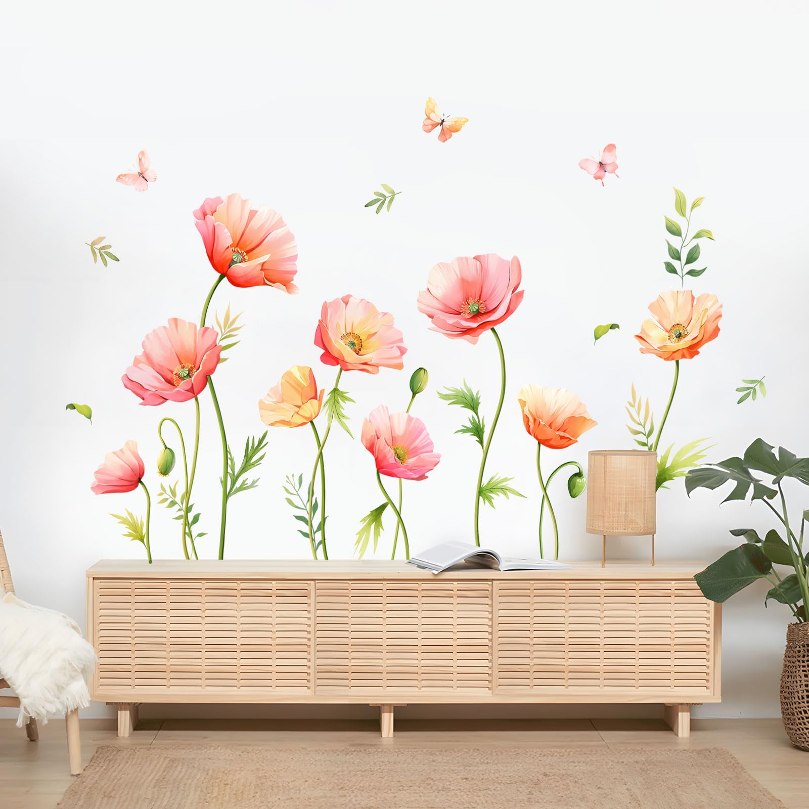 Large Flower Wall Stickers Pink Poppy Butterfly Wall Decals Floral Wall Art Decor for Living Room Bedroom Office TV Sofa Backdrop Home Decor - Image 2