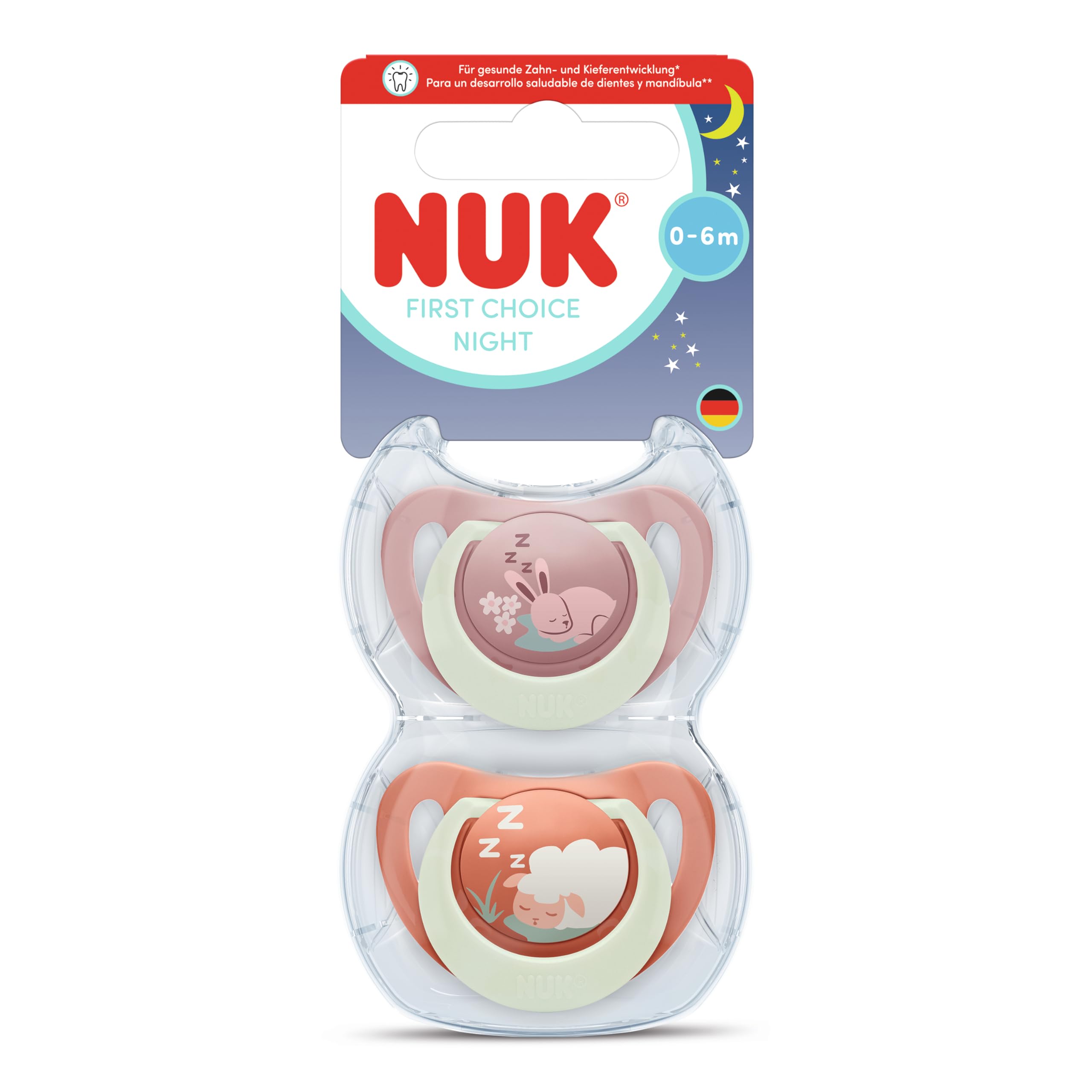 NUK Star Night & Day Baby Schnuller 0-6 Monate, leuchtet im Dunkeln, BPA-freies Silikon, rosa Katze, 2 Stück