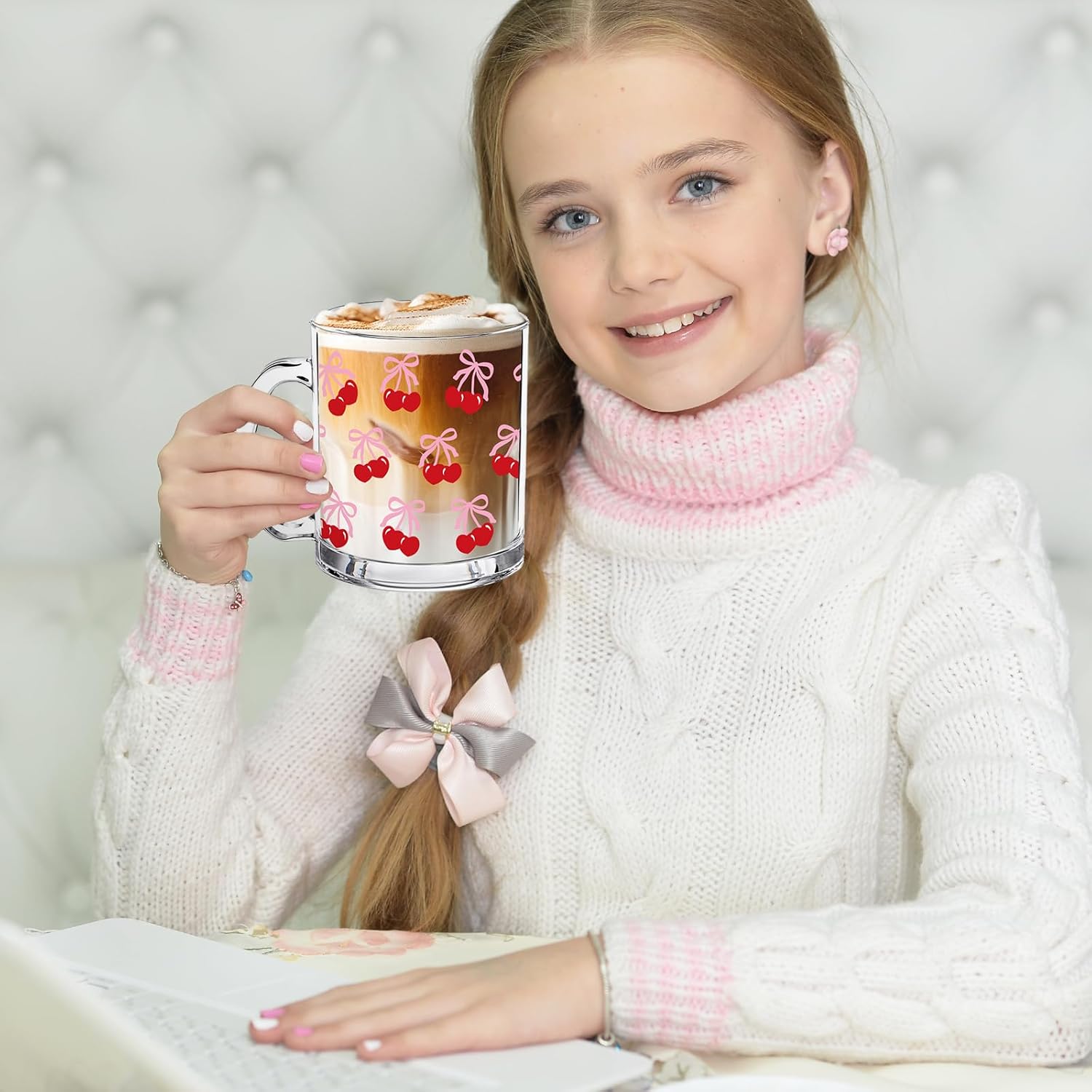 Whaline 4Pcs Pink Bow Cherry Glass Coffee Mugs with Handle Coquette Bowknot Aesthetic Coffee Cups Beverage Mugs for Hot Cold Drinks Water Tea Milk - Image 6