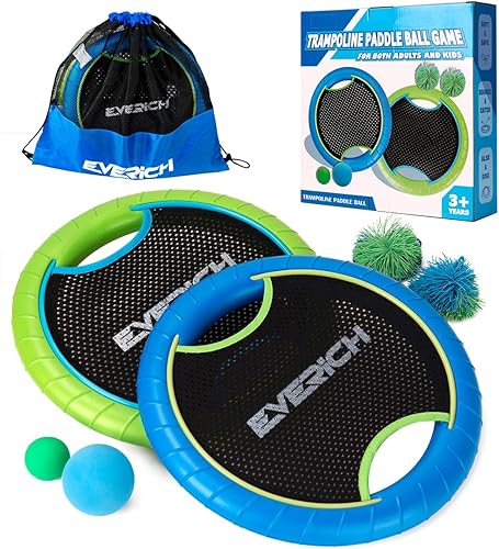 EVERICH TOY Juego de pelotas de remo para cama elástica con 2 paletas hinchables y 4 bolas, diseño de espuma suave para que los niños jueguen en
