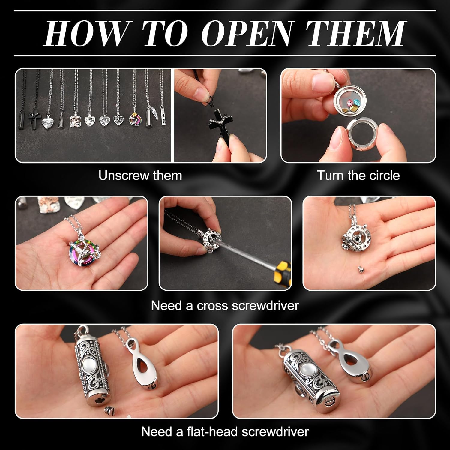 15 Pcs Urn Necklace for Ashes Women Keepsake Cremation Jewelry Stainless Steel Cross Heart Cubic Locket Ashes Necklace for Human Loved One - Image 5