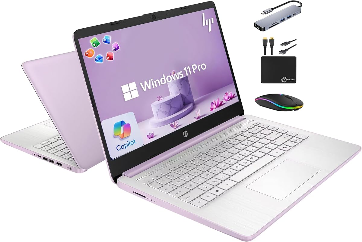 14" Laptop 2025 Business Student Slim Computer, Lifetime MS Office, Copilot AI, Quad-Core Intel CPU, 16GB RAM, 628GB Storage (128GB UFS+500GB Ext), MarxsolAccessory, Wi-Fi 6, Win 11 Pro, Lavender