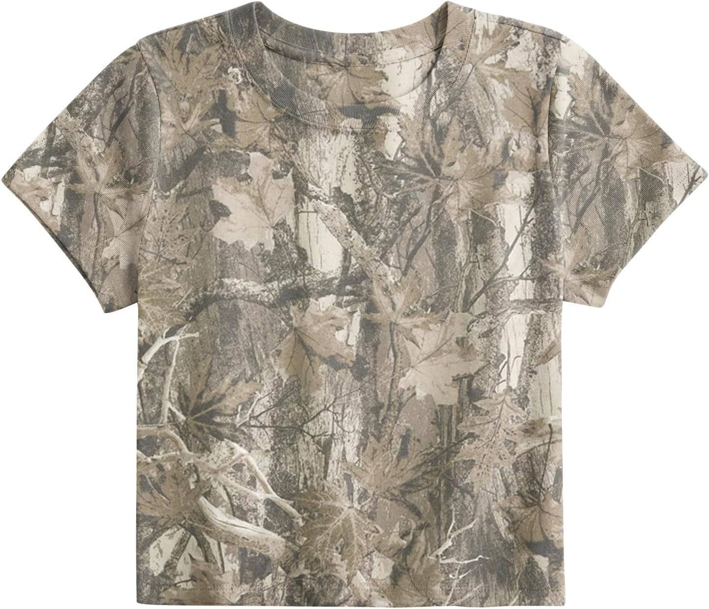 MSBESYOR Women Camo Shirt Crop Top Y2K Maple Leaf Graphic Baby Tee Short Sleeve Slim Fit Round Neck T Shirt Streetwear