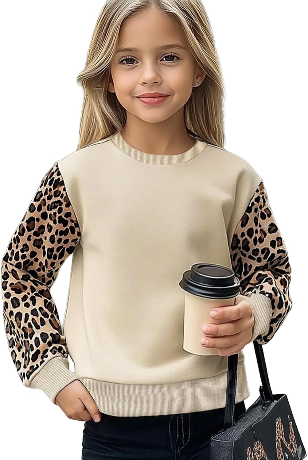 NEW 6-14Y Girls Leopard Print Sweatshirt Long Sleeve Crewneck Pullover Cozy Fall Top