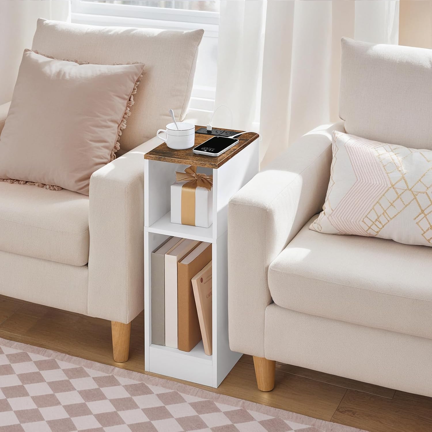MAHANCRIS Narrow Nightstand with LED Light, Narrow End Table with Charging Station, Skinny Bedside Table for Small Spaces, Mid Century Modern Night Stand for Bedroom, Rustic Brown and White ETBR30E01